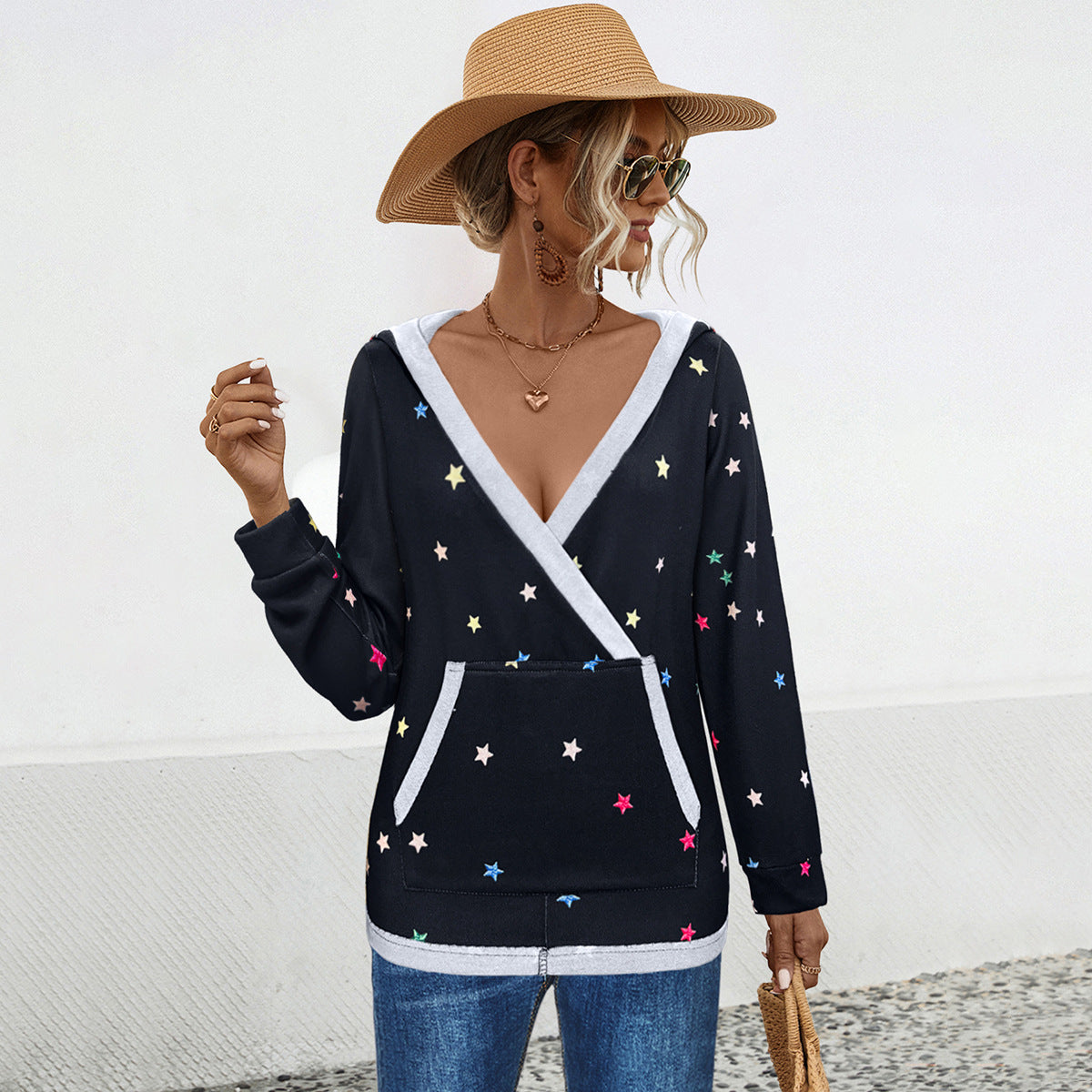 Damen Kapuzenpullover mit verspieltem Sternenmuster WW