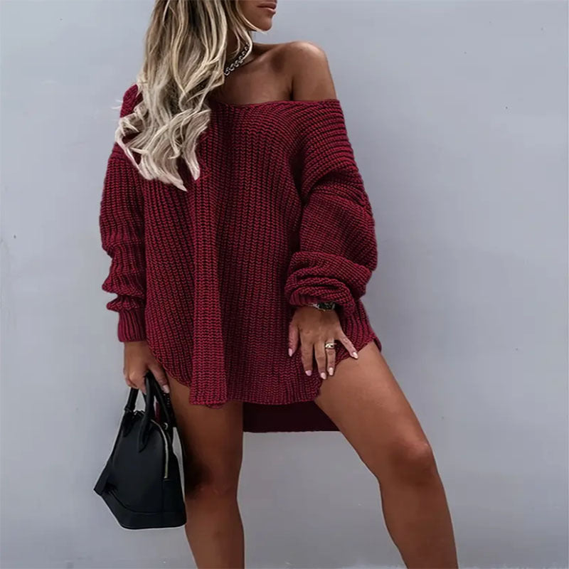 Damen lässiges Oversized-Strickkleid mit weitem Ausschnitt WW