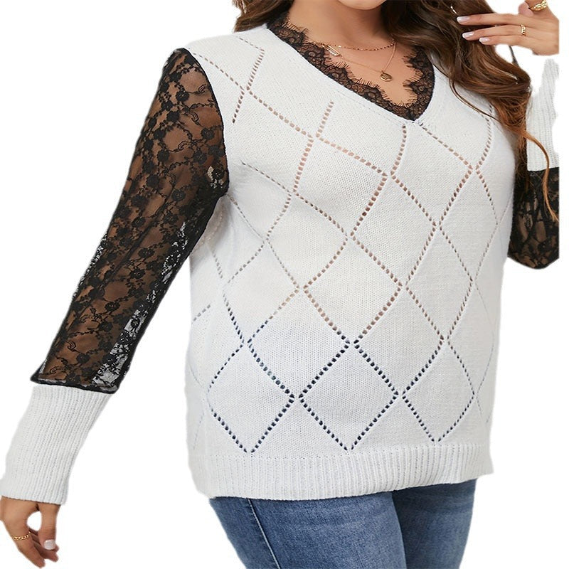 Damen V-Ausschnitt Pullover mit eleganten Spitzenärmeln WW