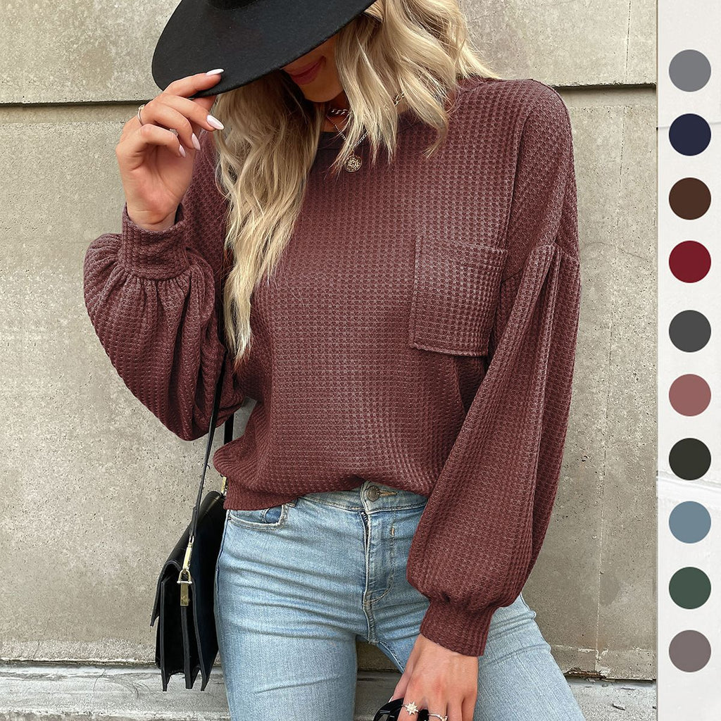 Damen lässiges Strickoberteil mit Puffärmeln und feinem Strukturmuster WW