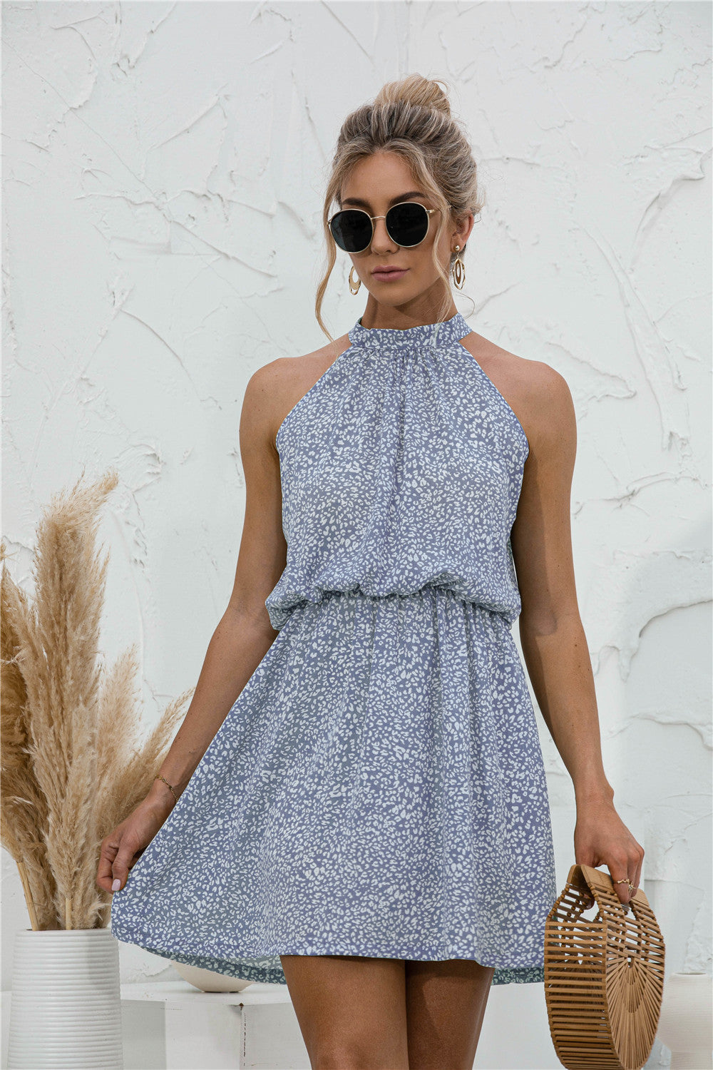 Damen verspieltes Sommerkleid mit hohem Hals und elastischem Bund WW
