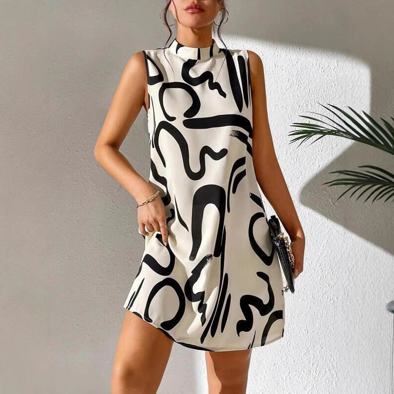 Damen A-linien Minikleid mit modernem grafischem Muster und Stehkragen WW