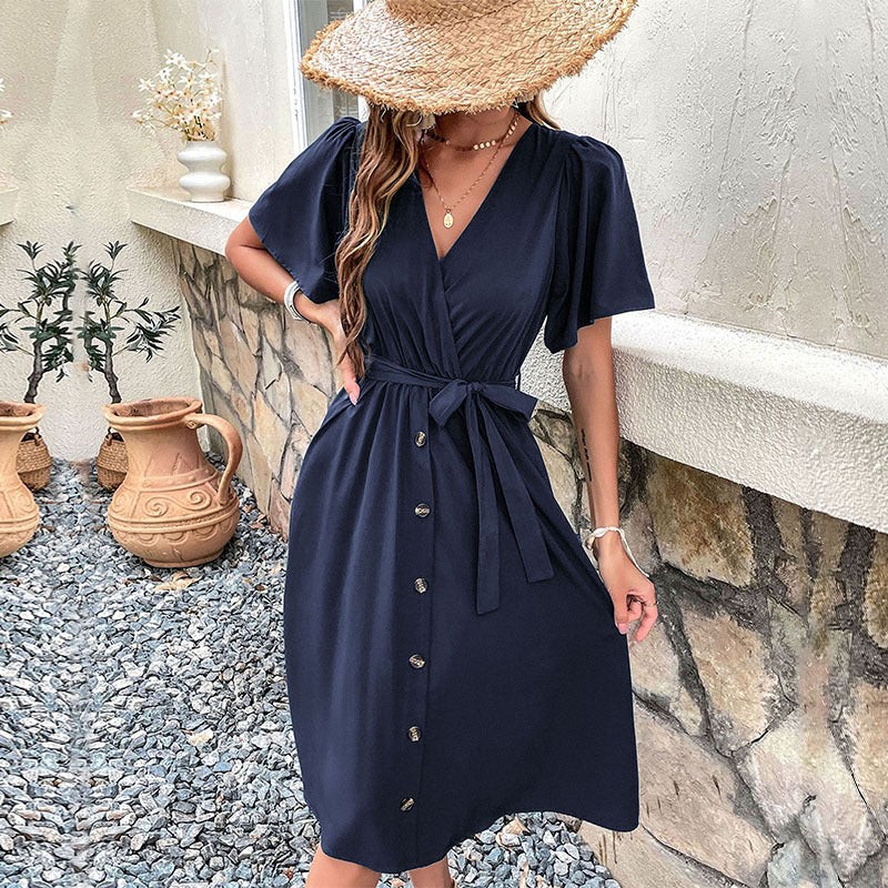 Damen Midi-Kleid mit eleganter Wickeloptik und praktischen Knopfdetails WW