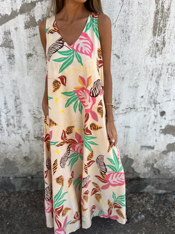 Damen Maxikleid mit fröhlichem Blattdruck und praktischen Taschen WW