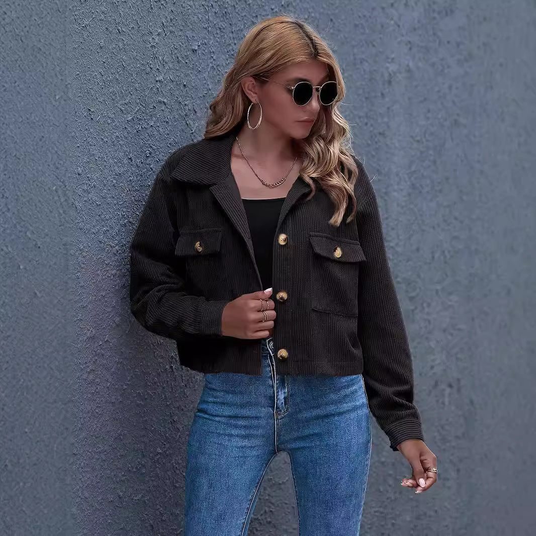 Damen modische Kordjacke mit aufgesetzten Taschen WW