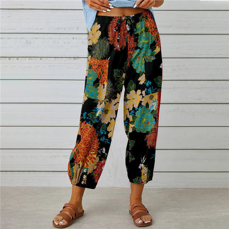 Damen modische Baumwoll-Hose mit floralem Design und elastischem Bund WW