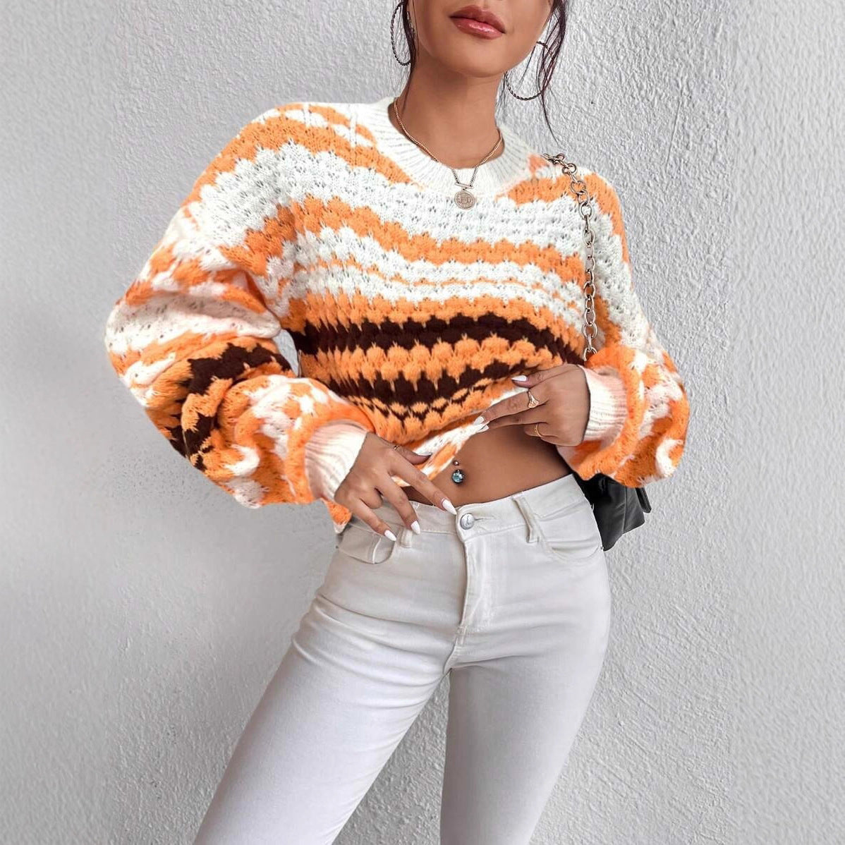 Damen Strickpullover mit kreativem Lochmuster und modischen Farbakzenten WW