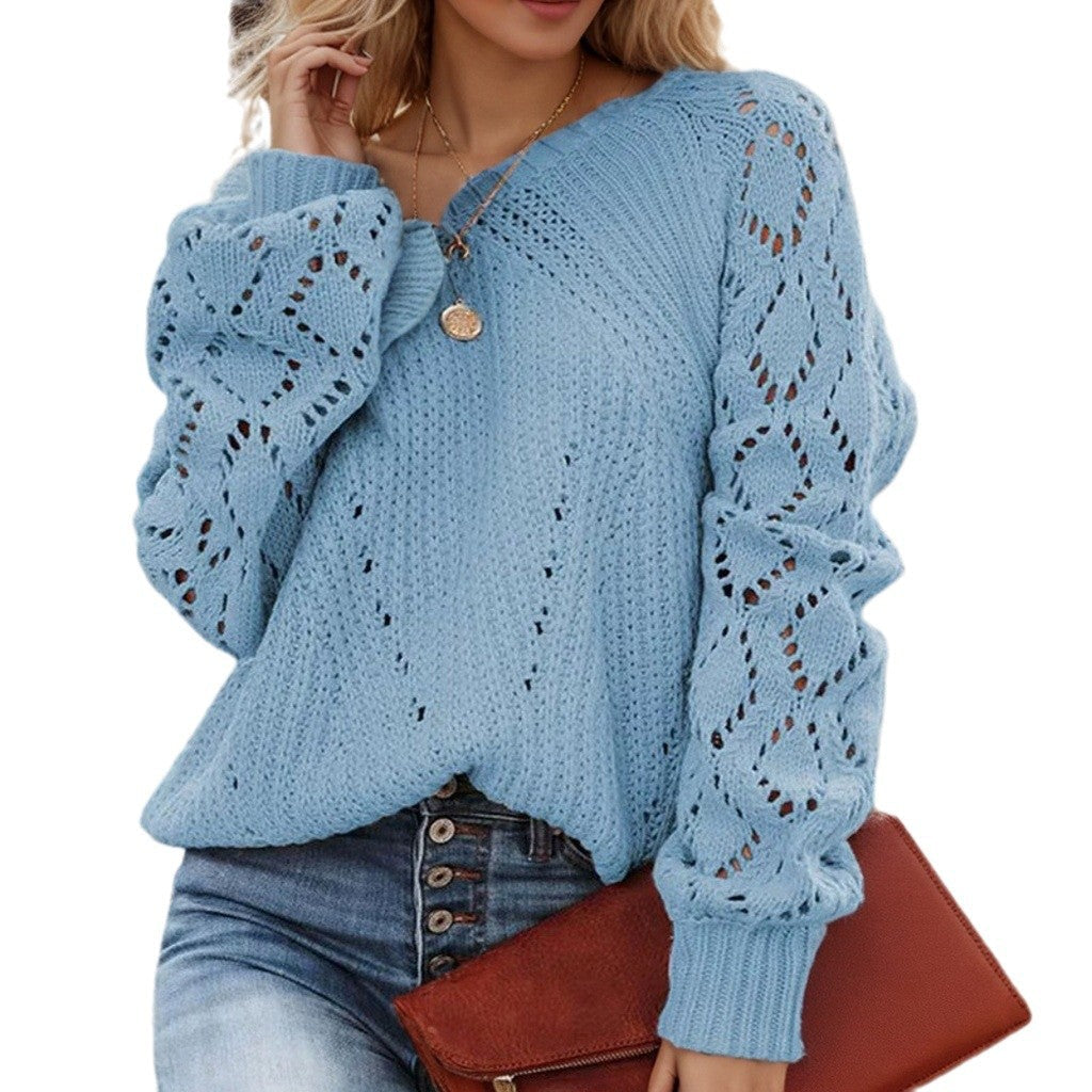 Damen Strickpullover mit romantischem Lochmuster und voluminösen Ärmeln WW