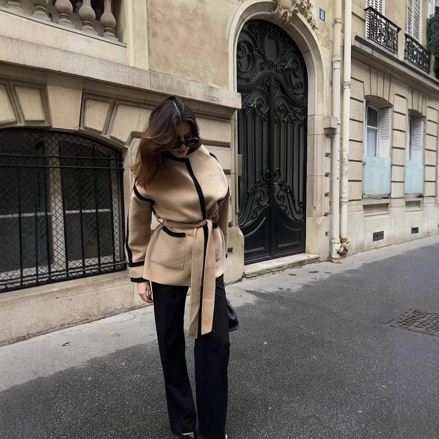 Damen elegante Blazerjacke mit Taillengürtel und Kontrastnähten WW