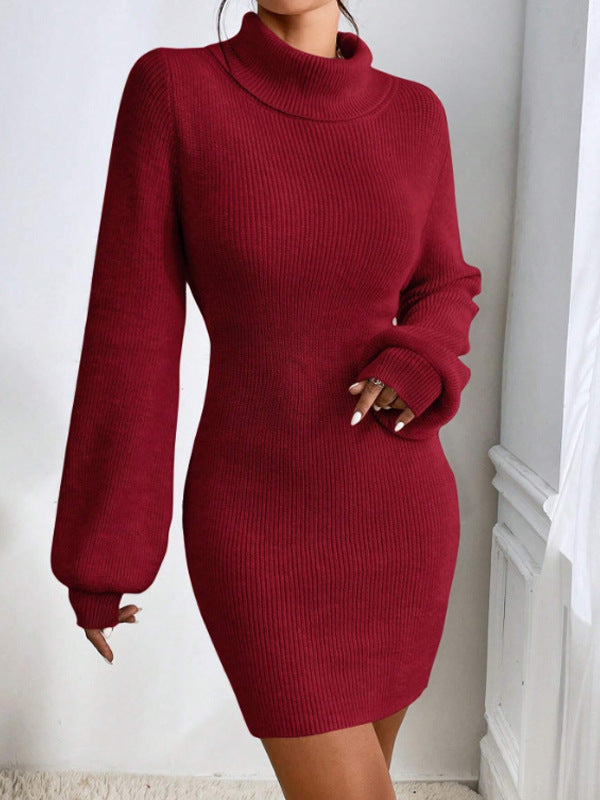 Damen Strickkleid mit hohem Kragen und langen Ärmeln WW