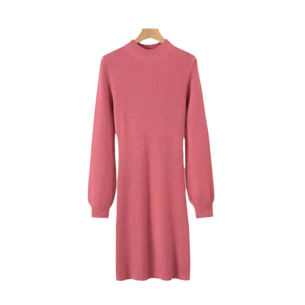 Damen elegantes Pulloverkleid mit hochgeschlossenem Kragen und Puffärmeln WW