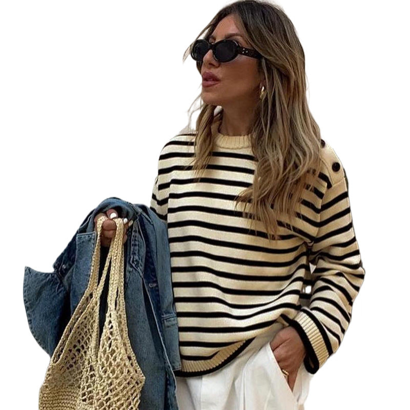 Damen trendiger Strickpullover mit auffälligem Streifenmuster WW