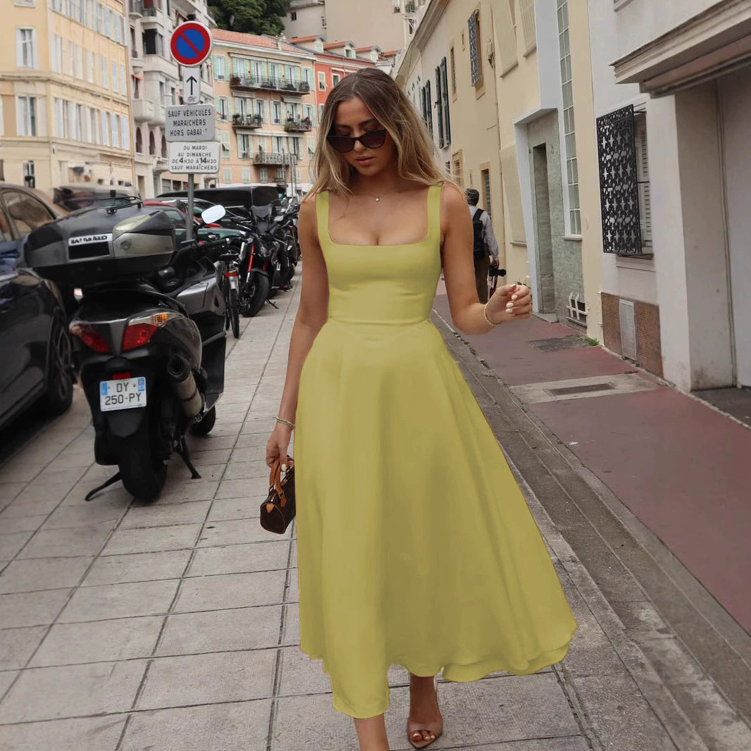 Damen A-Linien Maxikleid mit quadratischem Ausschnitt und fließendem Stoff WW
