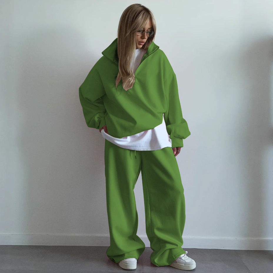 Damen gemütliches Fleece-Loungewear-Set mit Stehkragen und Reißverschluss WW