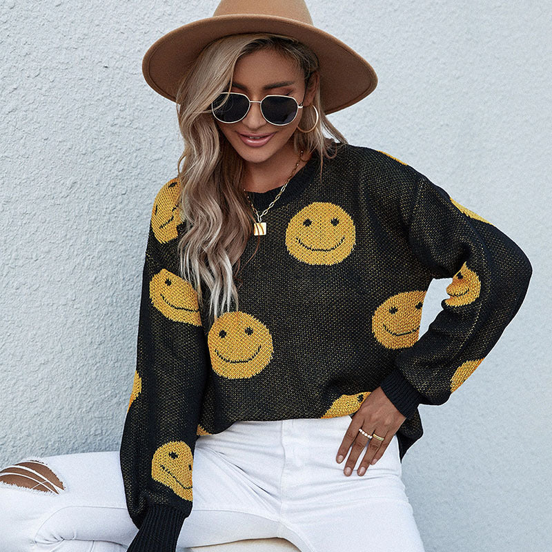 Damen lässiger Pullover mit Smiley-Muster WW