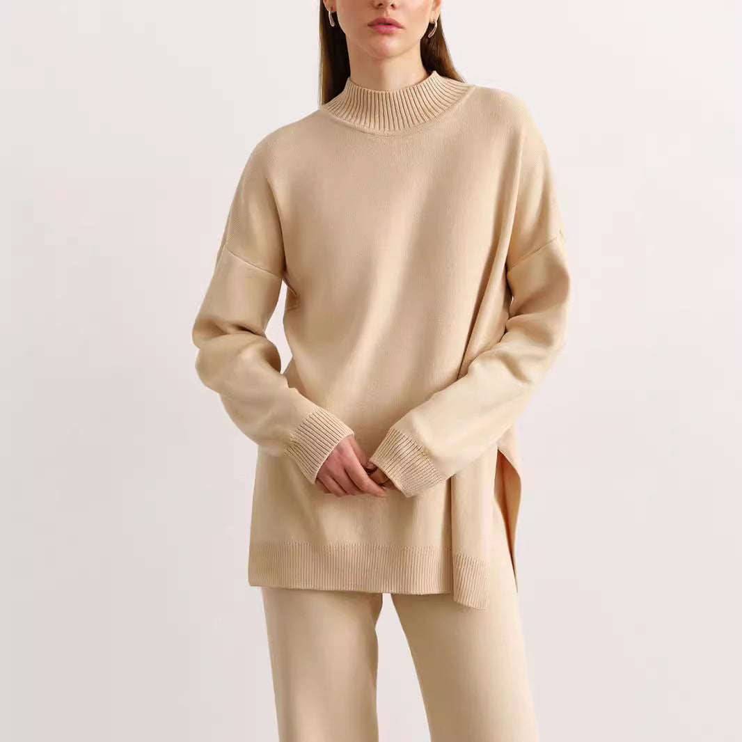 Damen weicher Strickanzug mit hohem Kragen und geradem Schnitt WW