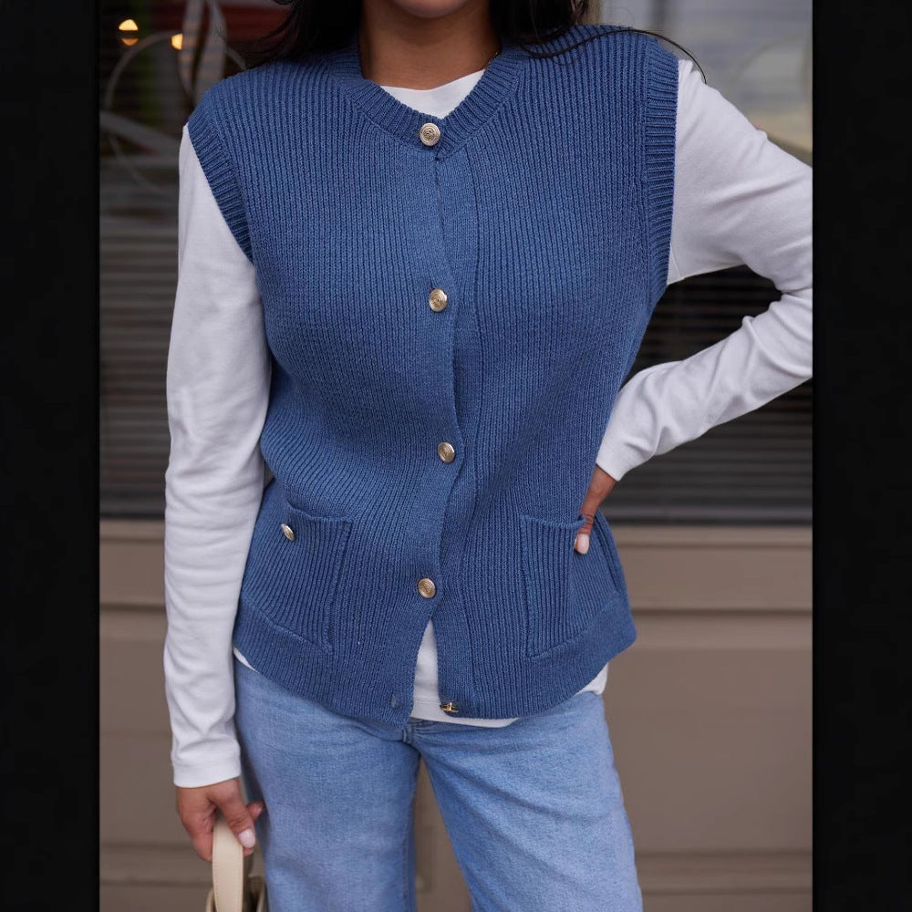 Damen Strickweste mit Knopfleiste und praktischen Taschen WW
