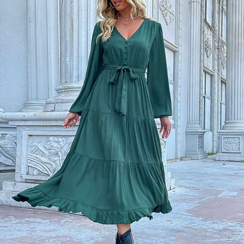 Damen Maxikleid mit Knopfleiste, Taillengürtel und Rüschensaum WW