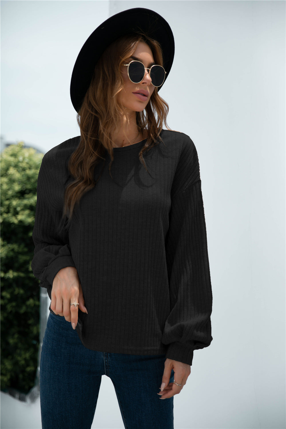 Damen lässiger Pullover mit Rippstruktur und Ballonärmeln WW
