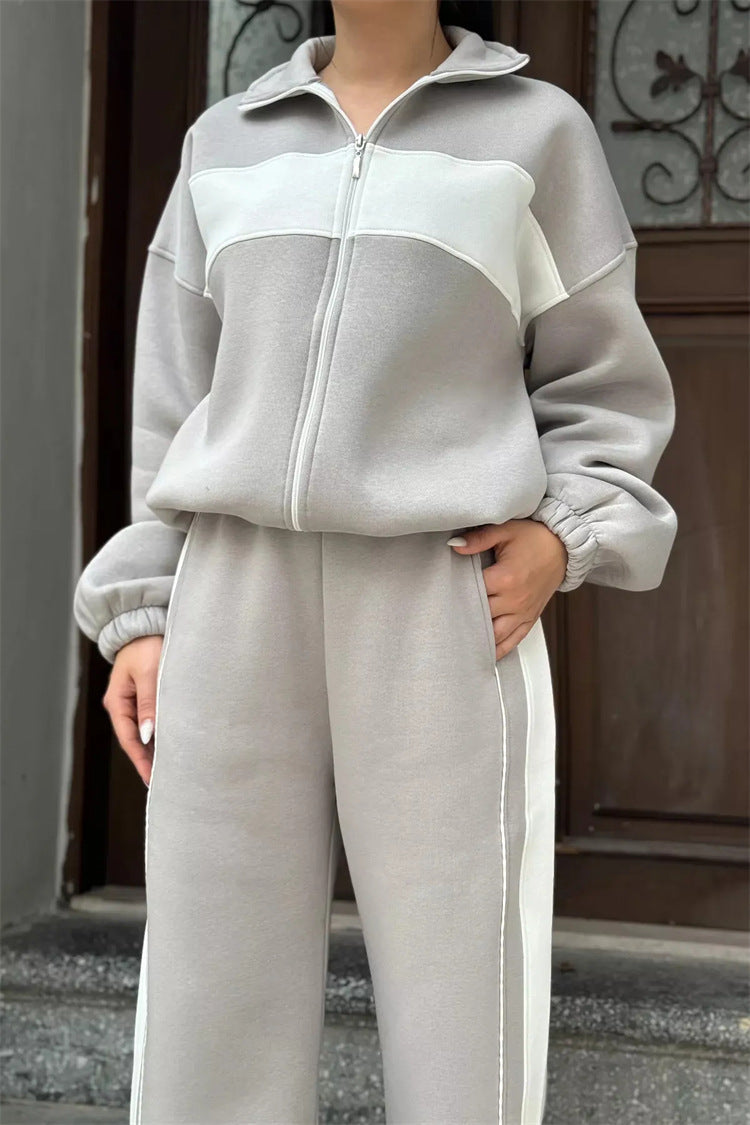 Damen sportliches Fleece-Loungewear-Set mit hohem Kragen undseitlichen Kontraststreifen WW