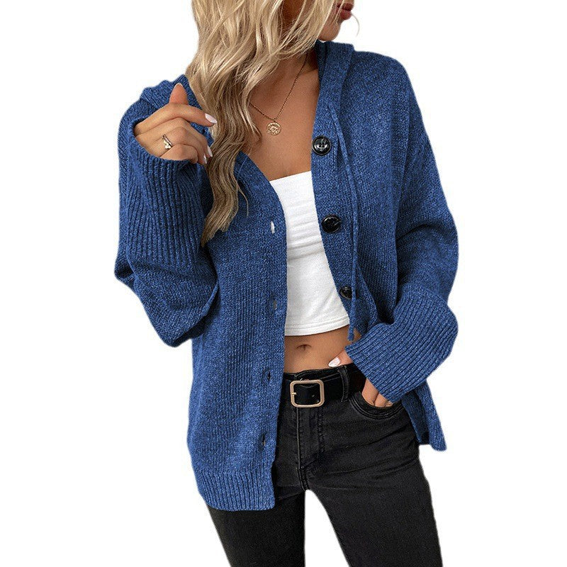 Damen Strickjacke mit Kapuze und Knöpfen WW