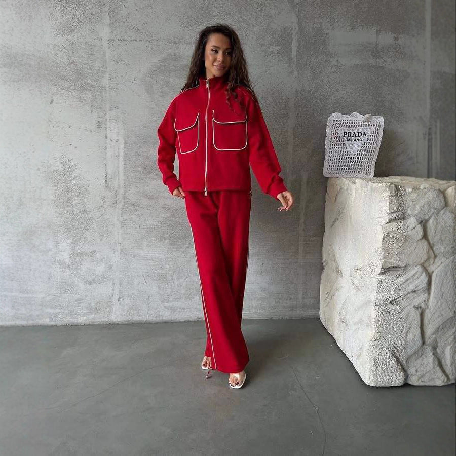 Damen sportliches Fleece-Set mit modischen Kontrasten und praktischen Taschen WW