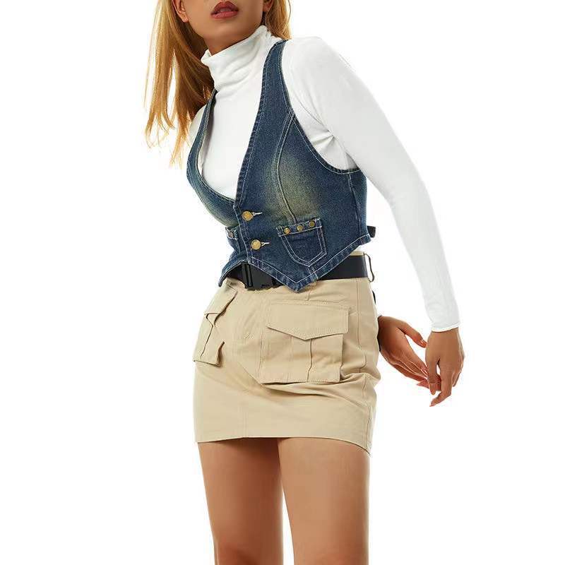 Damen Jeans-Weste mit praktischen Taschen und modischem Detail WW