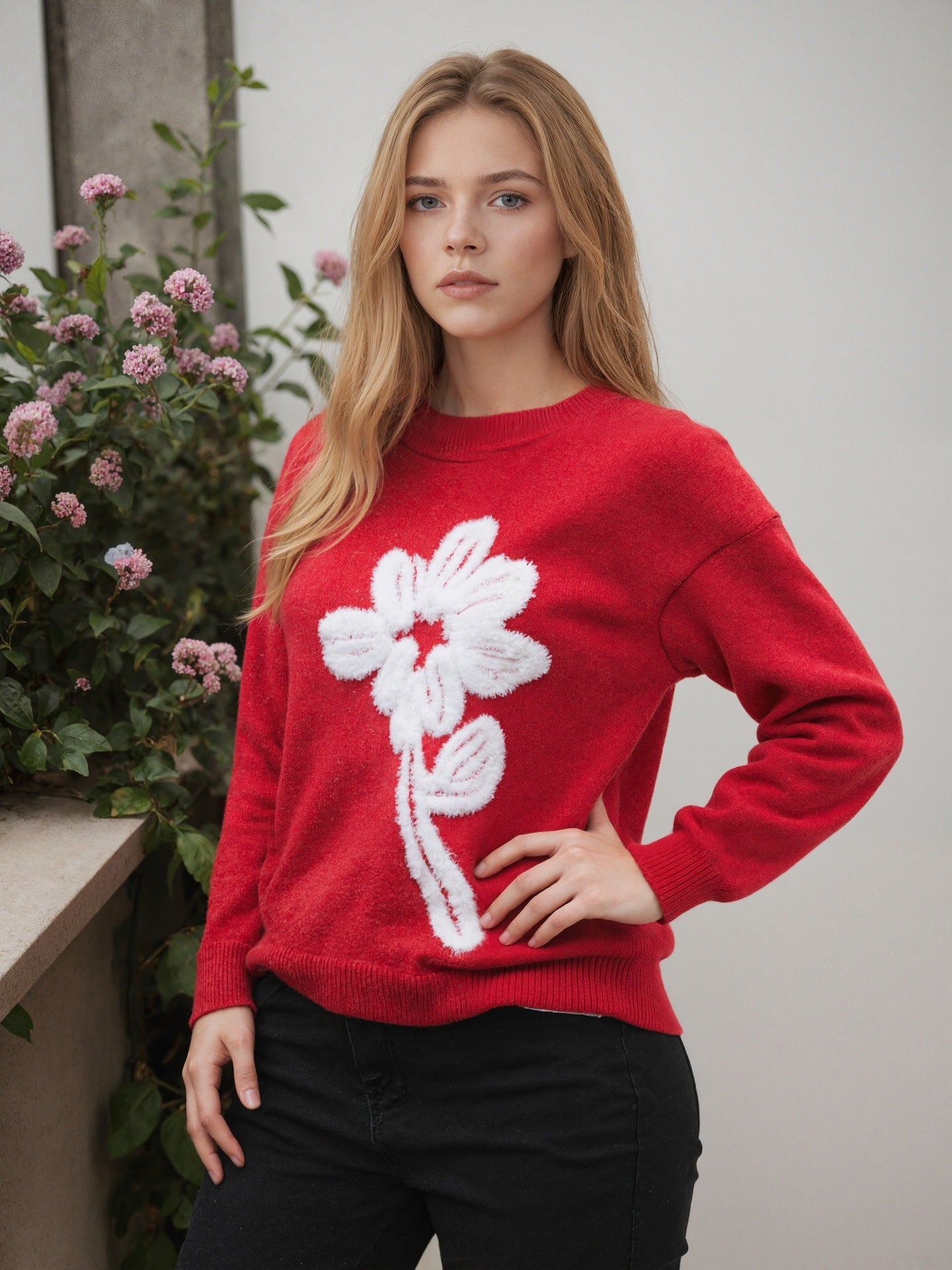 Damen Pullover mit floralem Reliefmuster und weichem Material WW