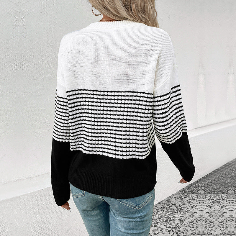 Damen trendiger Strickpullover mit auffälligem Streifenmuster WW