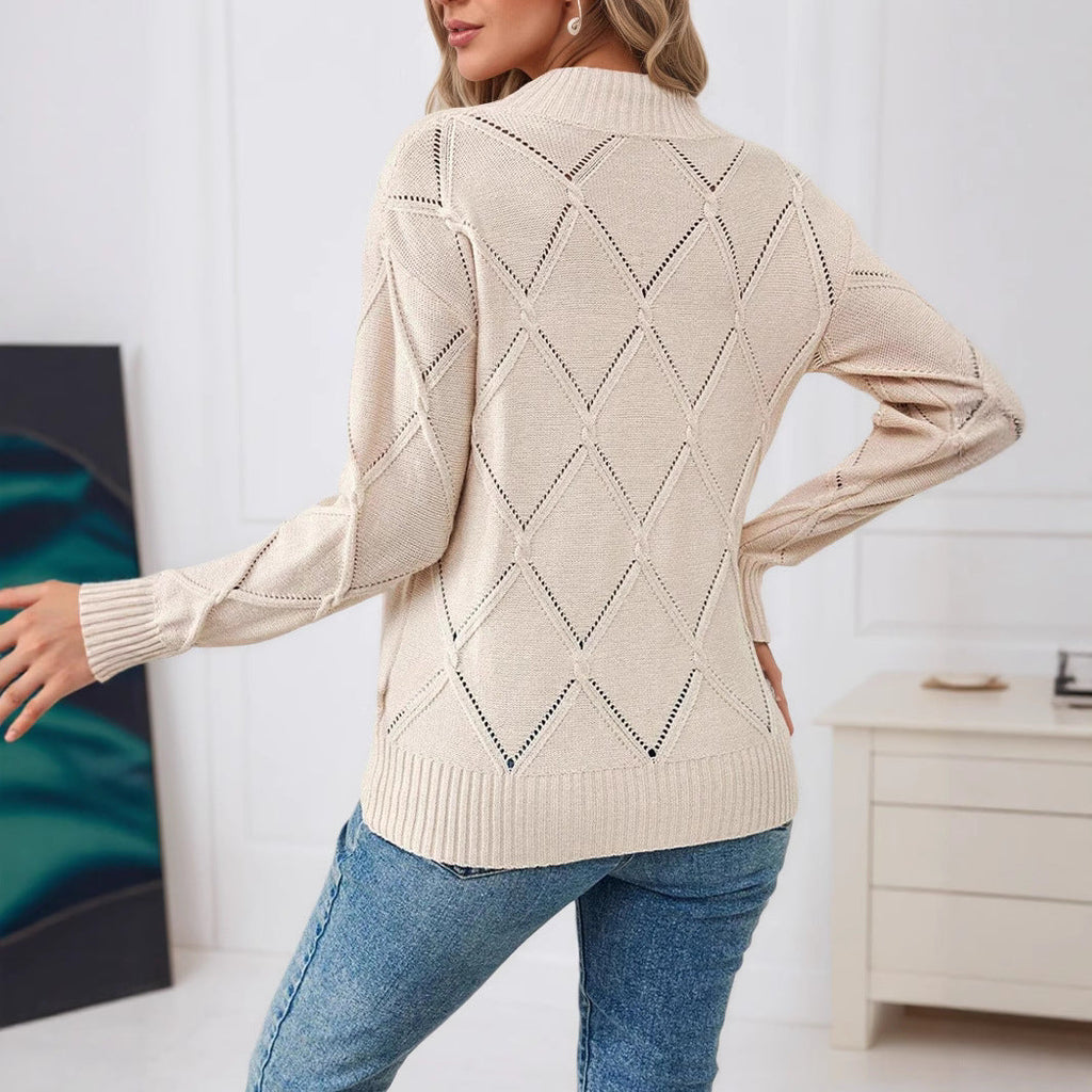 Damen Strickpullover mit strukturiertem Rautenmuster und hochgeschlossenem Kragen WW