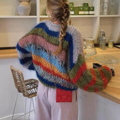 Damen Gemusterter Strickpullover mit Lockeren Ärmeln WW