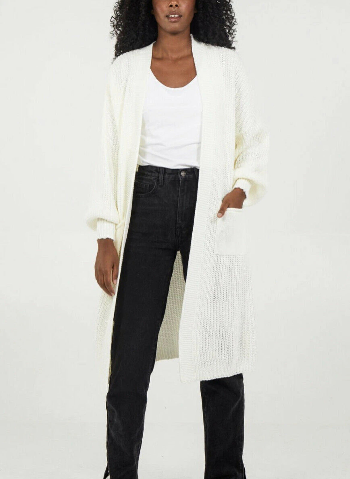 Damen Langer Strickcardigan mit voluminösen Ärmeln und offenem Schnitt WW