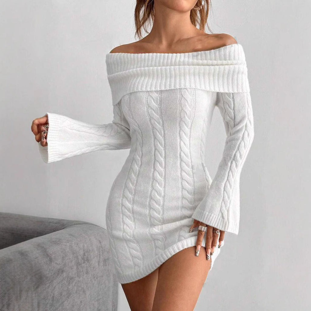 Damen figurbetontes Strickkleid mit weitem Ausschnitt WW