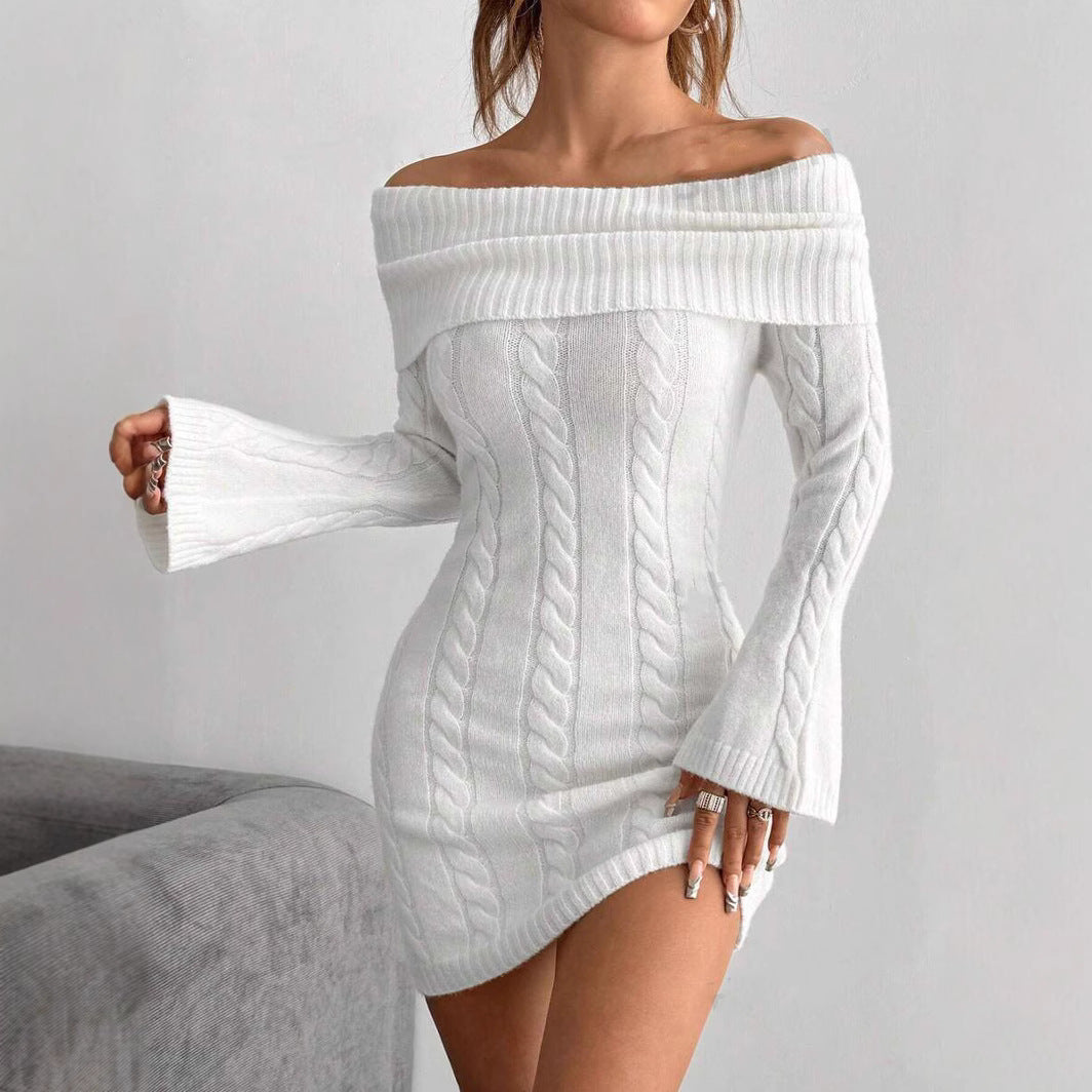 Damen figurbetontes Strickkleid mit weitem Ausschnitt WW