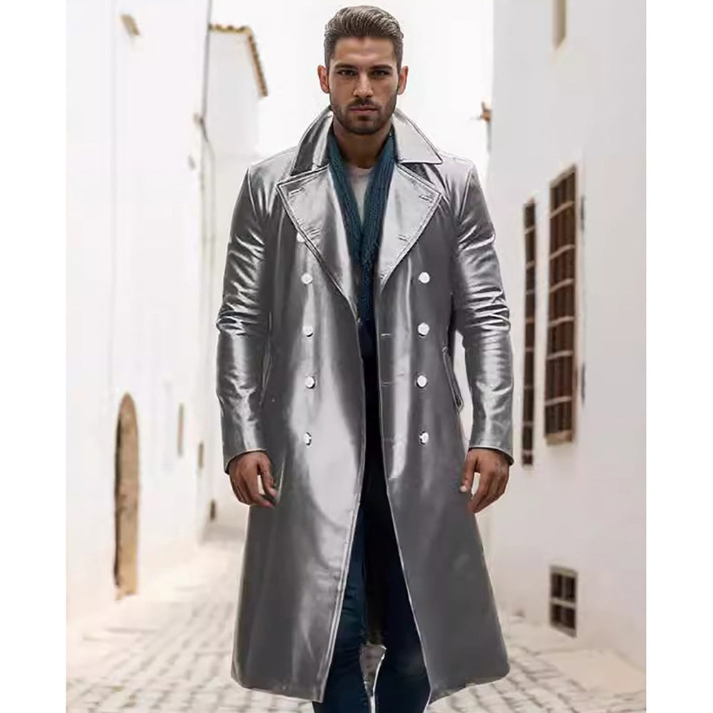Herren Eleganter, glänzender Trenchcoat mit abnehmbarem Kragen WW
