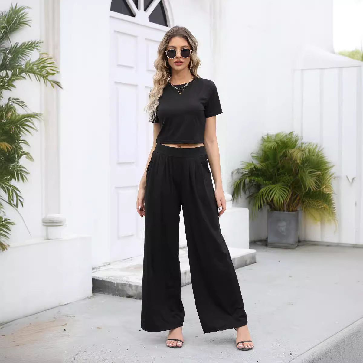 Damen Relaxed Fit Cropped Top und Weitbeinige Hose Set WW