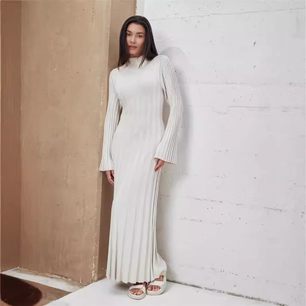 Damen Maxikleid mit elegantem Rippdesign und hochgeschlossenem Kragen WW