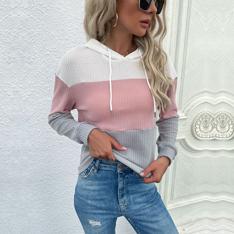 Damen Waffelstrick-Kapuzenpullover mit modischem Farbblockdesign WW