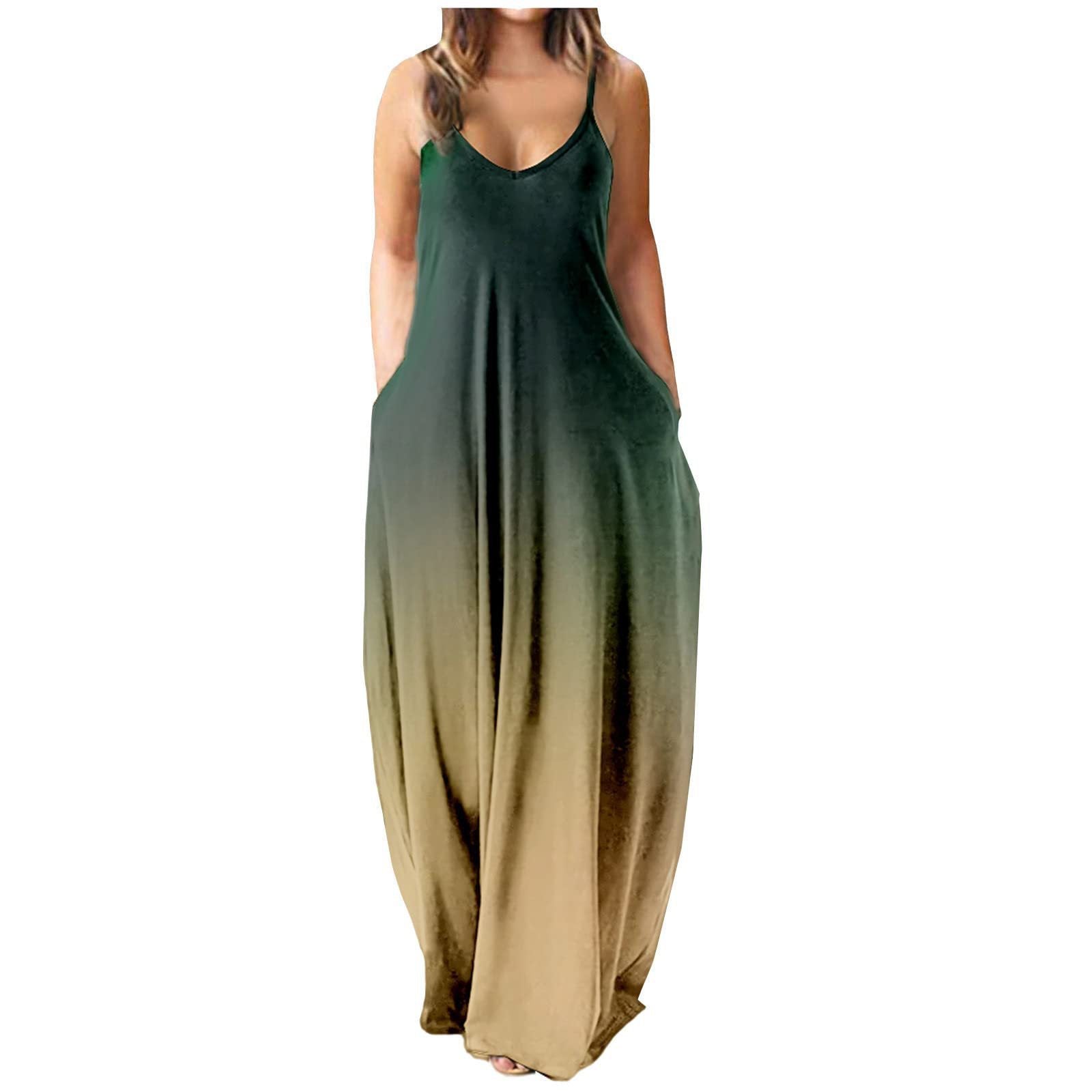 Damen elegantes Maxi-Kleid mit tiefem V-Ausschnitt und praktischen Taschen WW