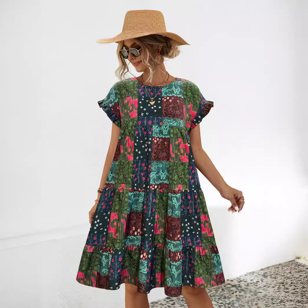 Damen Sommerkleid mit lockerem Schnitt und farbenfrohem Patchwork-Design WW