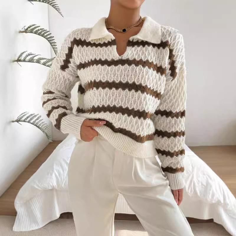 Damen Strickpullover im lässigen Stil mit strukturiertem V-Ausschnitt und hellen Akzenten WW