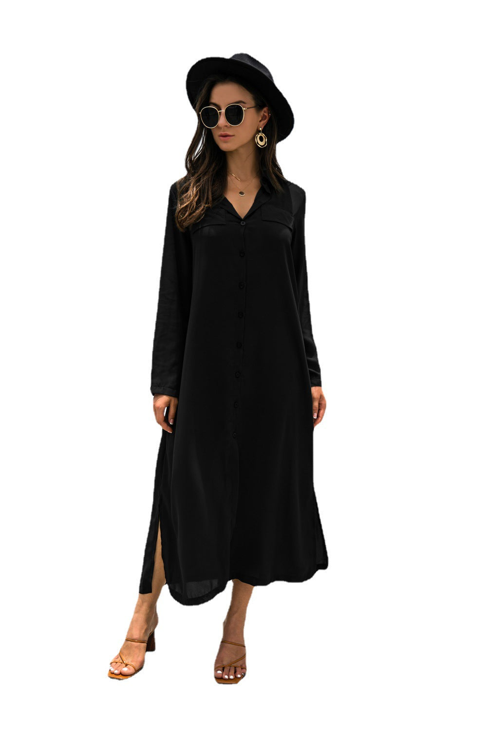 Damen Maxikleid mit elegantem Hemdkragen und Knopfleiste WW