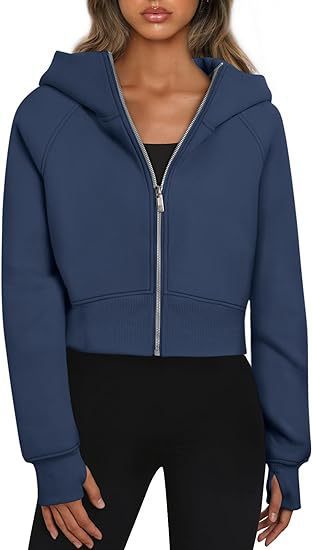 Damen cropped Kapuzenpullover mit Reißverschluss und elastischem Bund WW