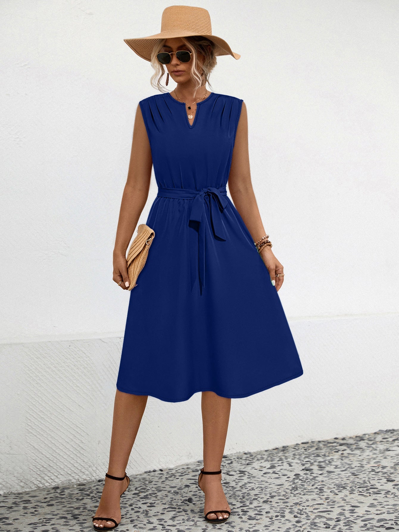 Damen Midi-Kleid mit schicker Raffung und taillierbarem Gürtel WW