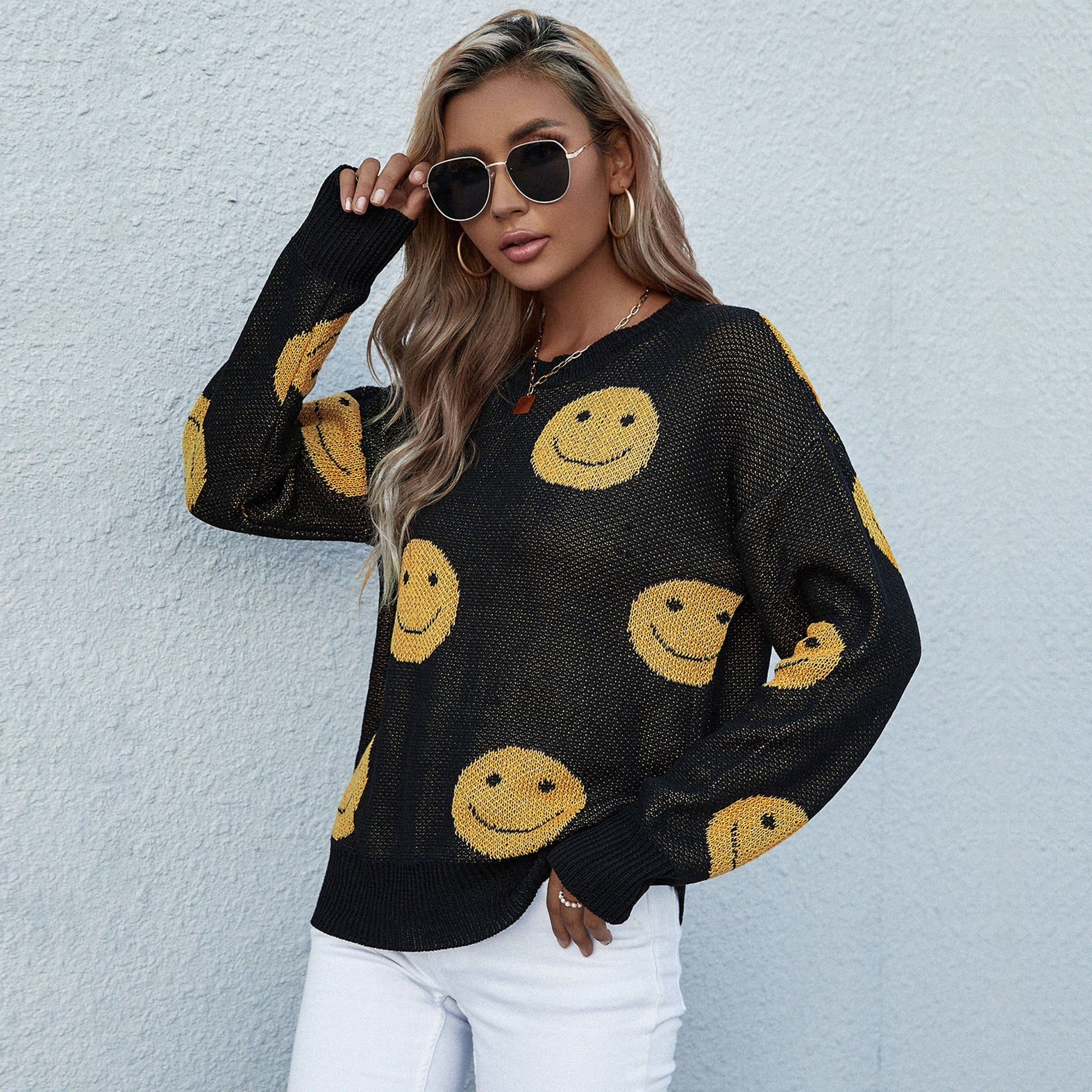 Damen lässiger Pullover mit Smiley-Muster WW