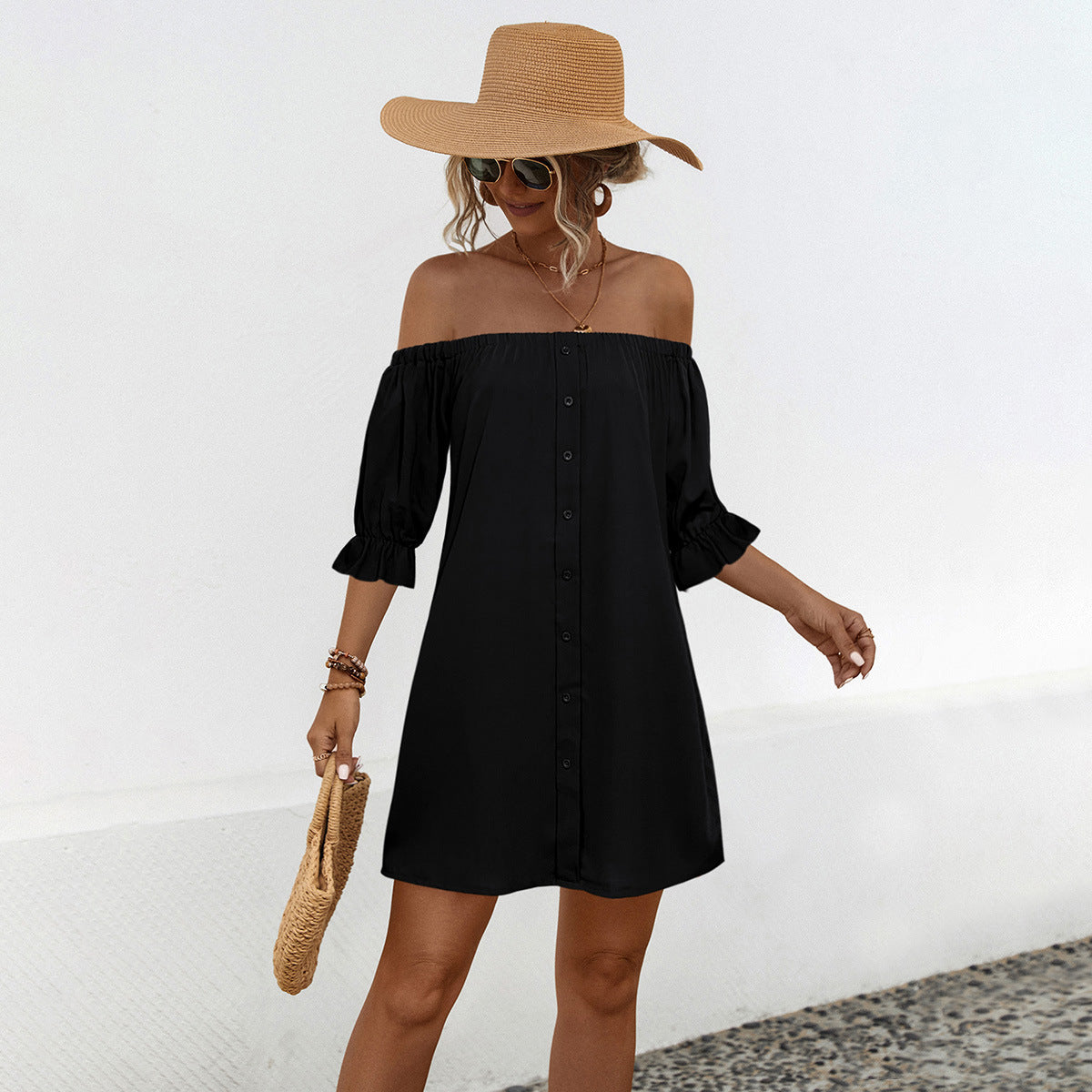 Damen Off-Shoulder Kleid mit knöpfbarem Design und luftigen Ärmeln WW