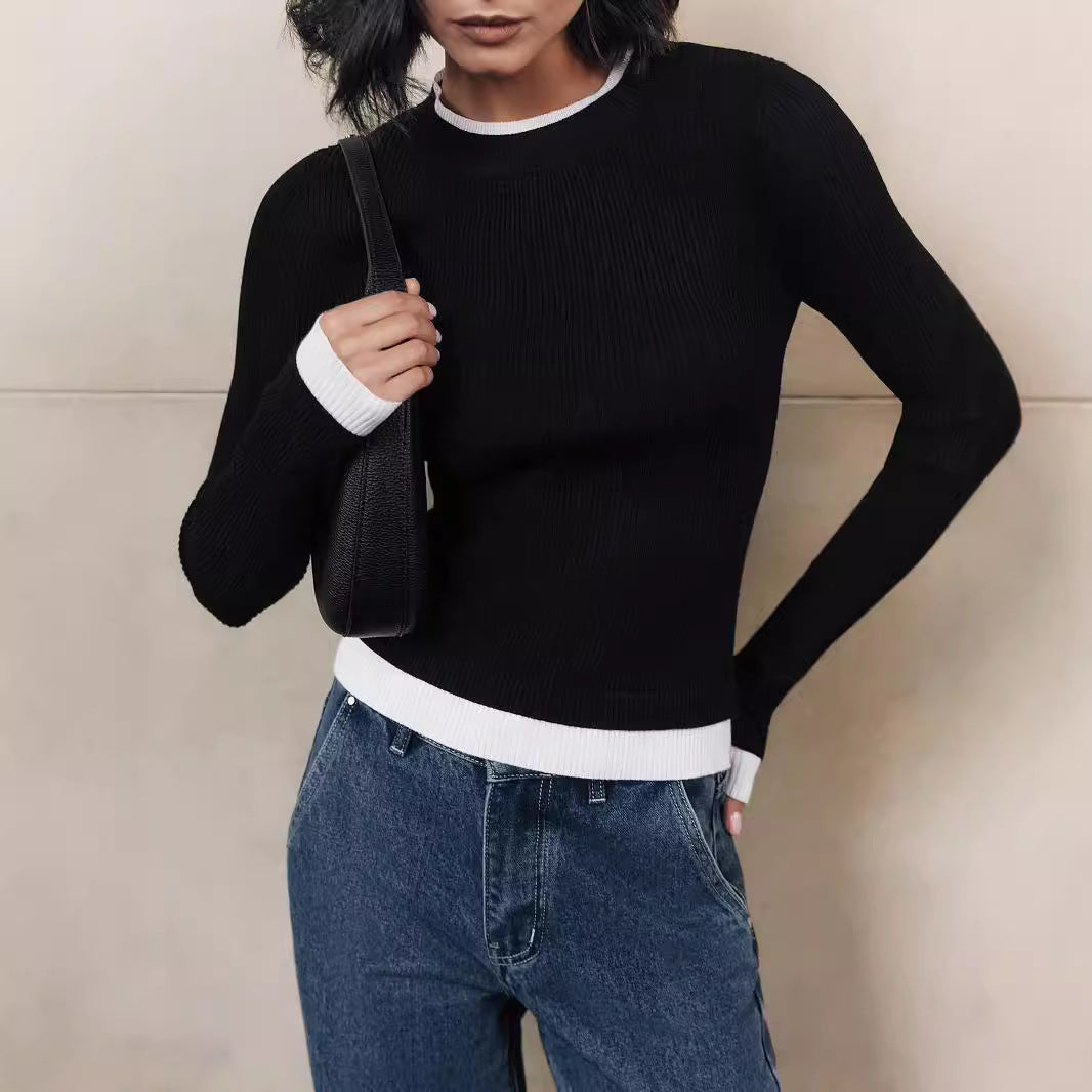 Damen figurbetontes Strickoberteil mit kontrastierenden Bündchen WW
