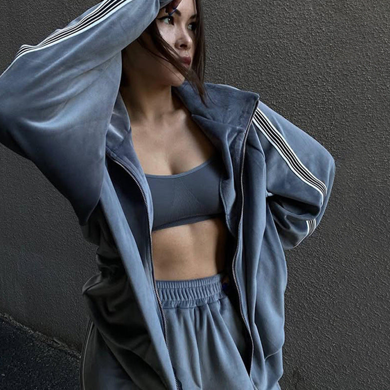 Damen sportliches Fleece-Loungewear-Set mit hohem Kragen und elastischem Bund WW