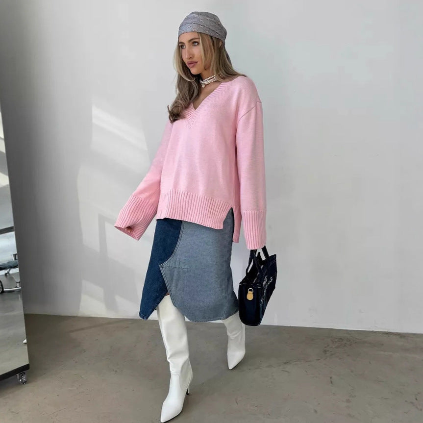 Damen eleganter V-Ausschnitt Pullover aus weicher Baumwolle WW