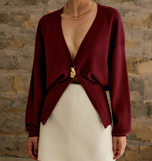 Damen Eleganter und lässiger Cardigan mit tiefem Ausschnitt und Schmuckknopf WW
